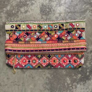 Star Mela Jui Large Neon Embroidered Studded‎ Fold over Clutch Multicolor